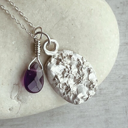 Botanical silver pendant of elderflower with semi precious Amethyst briolette