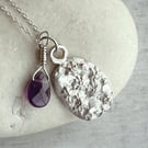 Botanical silver pendant of elderflower with semi precious Amethyst briolette