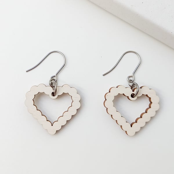Heart Wooden Dangle Earrings White, Mother's Day Gift Sustainable Jewellery