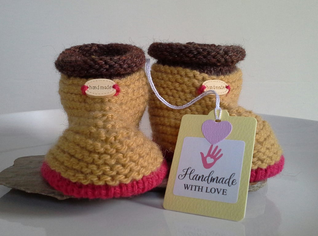Baby Hand Knitred Aran Wool Slippers - Booties with Wool  9- 12 months