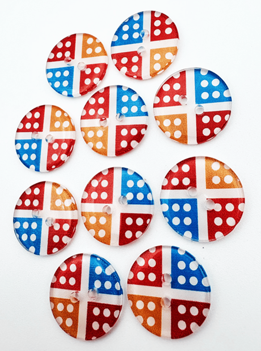 10 Polka Dot Buttons, 20mm Wide, Multicoloured, Quartered Design, Spots, Dotty