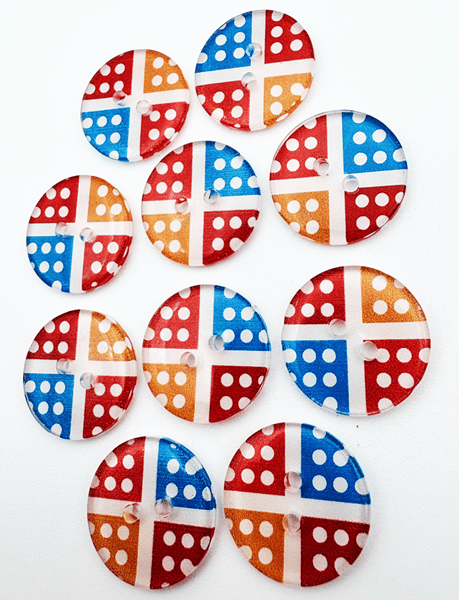 10 Polka Dot Buttons, 20mm Wide, Multicoloured, Quartered Design, Spots, Dotty