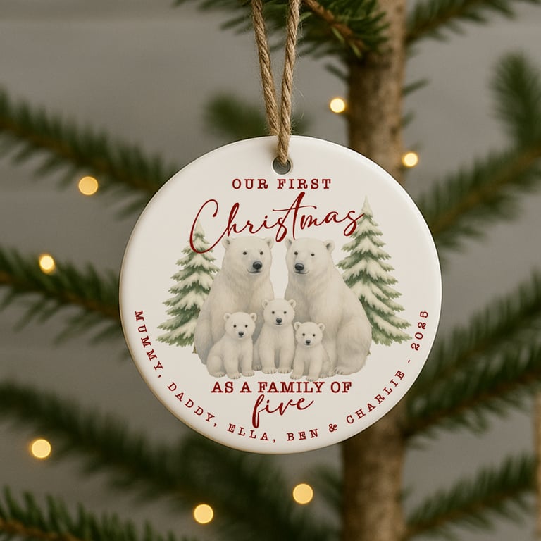 Personalised Family Christmas Bauble – Custom Polar Bear Ornament with Names 
