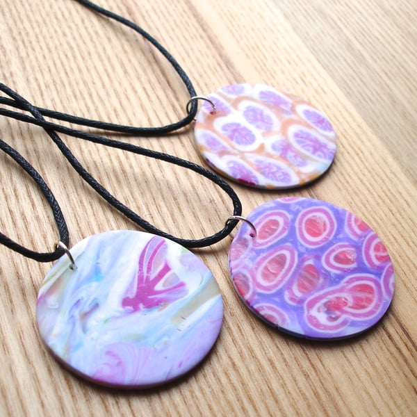 Patterned Disc FIMO Polymer Clay Pendant Three-Pack