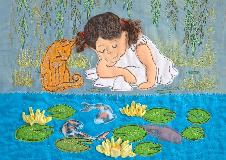 Waterlilies - giclee print with girl, cat and waterlilies