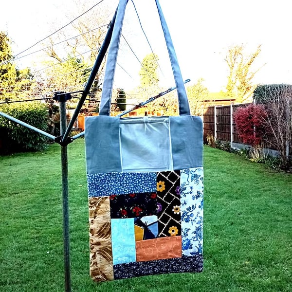 Patchwork peg bag. Multicoloured large peg bag with shoulder strap. 