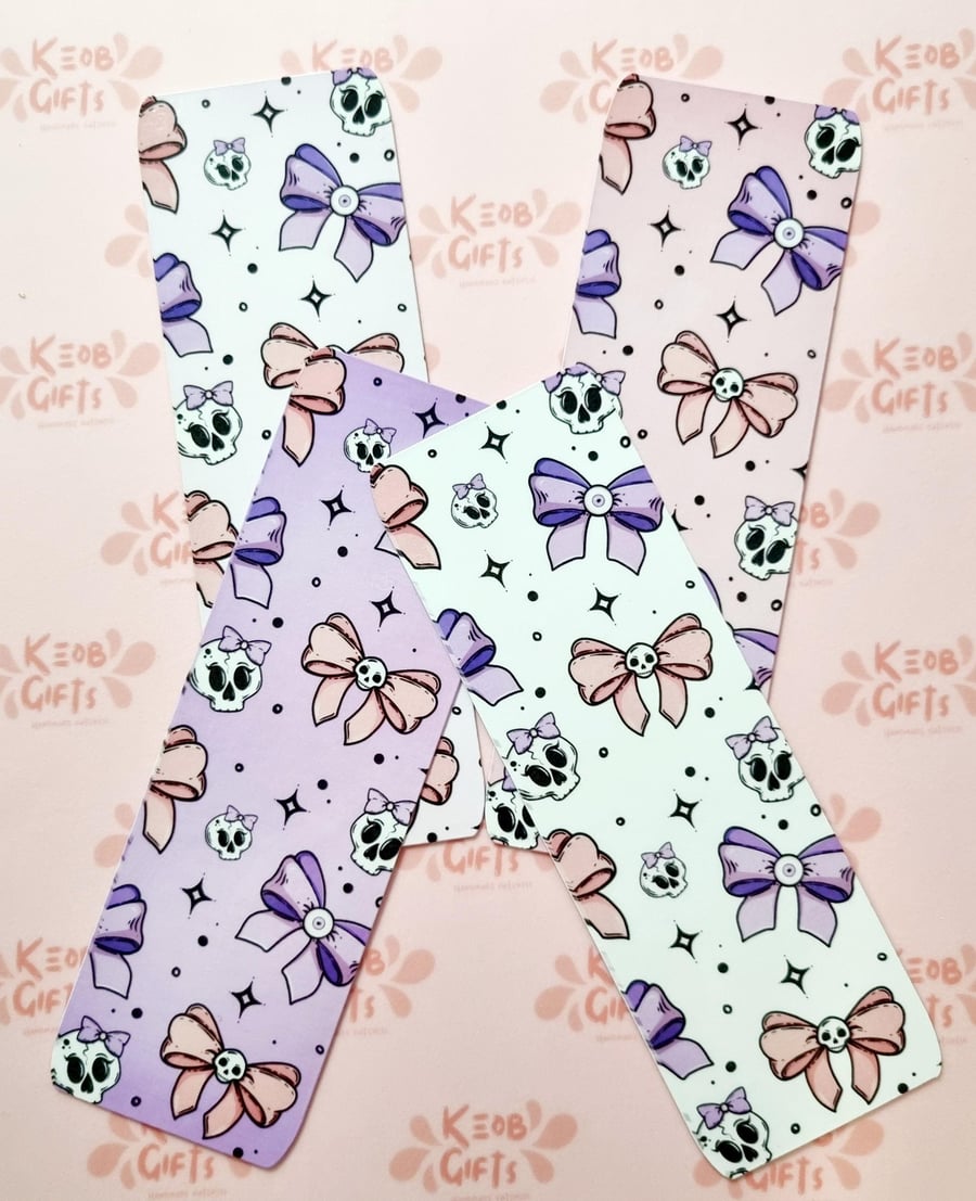 Pastel Goth Bookmark Bow and Skull Design Glossy Lamination 4 Colours To Choose 