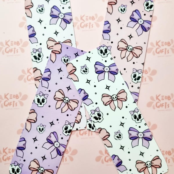 Pastel Goth Bookmark Bow and Skull Design Glossy Lamination 4 Colours To Choose 