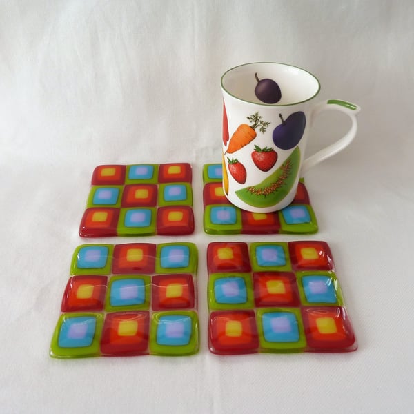 Rainbow retro square glass coasters in a set of four