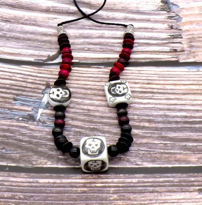Black And White Ceramic Pendant- Skulls- Cherry Red Beads- 19 Inch Hemp Necklace