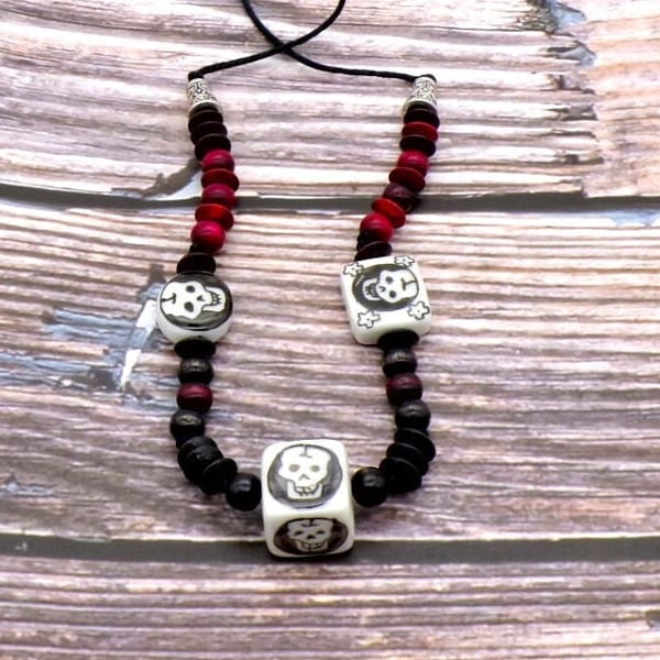 Black And White Ceramic Pendant- Skulls- Cherry Red Beads- 19 Inch Hemp Necklace