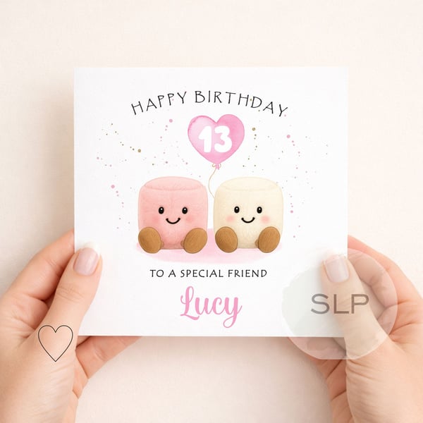 Personalised Girls Birthday Card Cute Marshmallow Cake Card Custom Age & Name