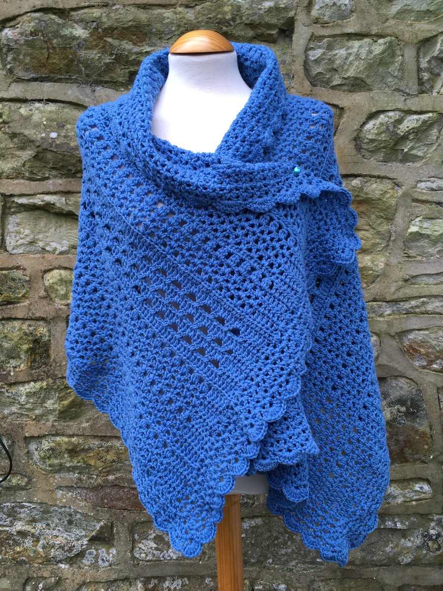 One off Handmade Rectangular Blue Shawl in Blue Soft Wool