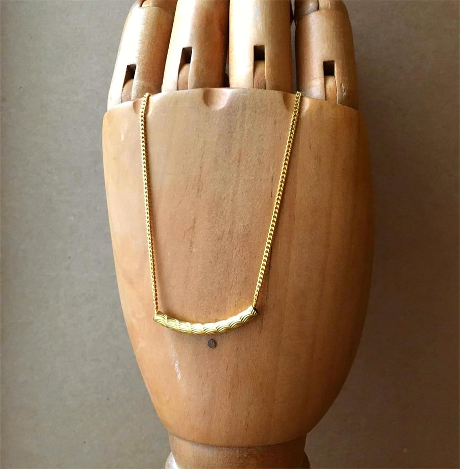 Upcycled wave pattern curved bar -  Dainty gold plated tube pendant necklace