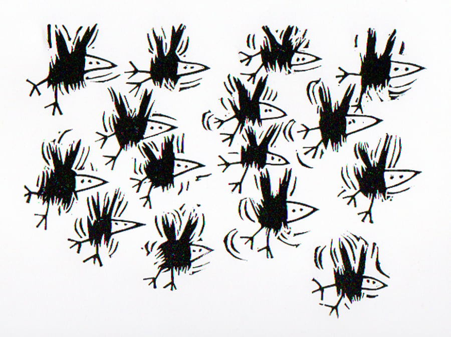 Fifteen Crows - Lino print