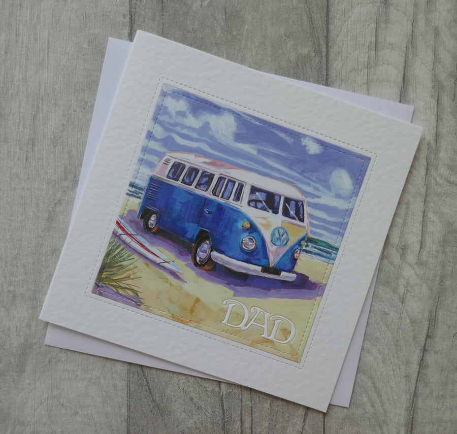 Upcycled Classic VW Campervan on the Beach - Dad - Birthday or Father's Day Card