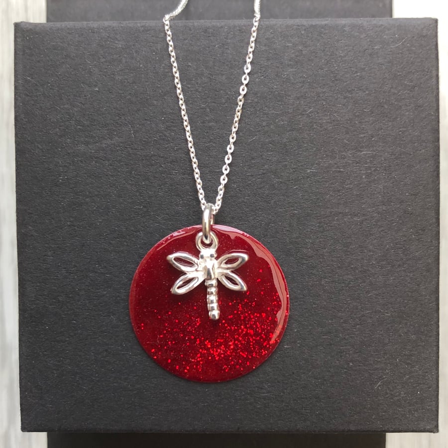 Red Glitter Mix Enamel Disc Sterling Silver Dragonfly necklace