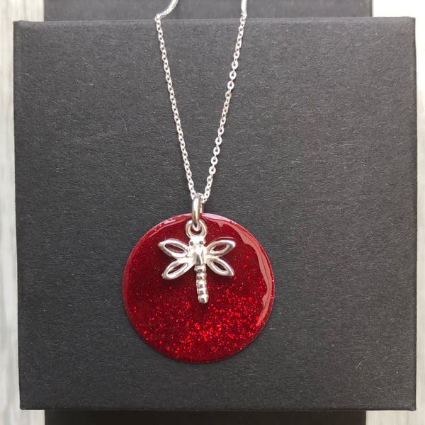 Sale now 12.00 - Red Glitter Mix Enamel Disc Sterling Silver Dragonfly necklace