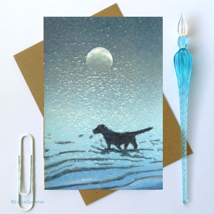 Moonlit walkies walking the dog seaside artist card plastic free unwrapped card