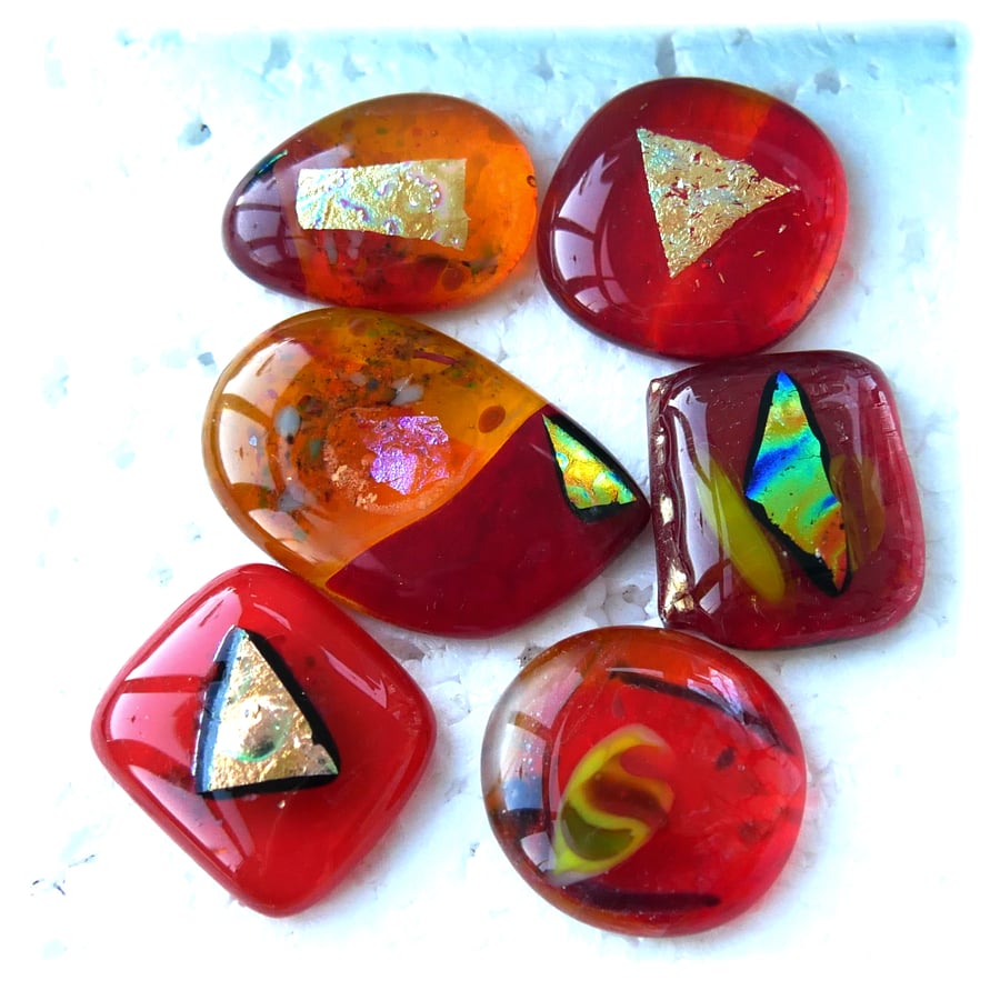 6 red fused glass Dichroic decorated cabochons, flat back nuggets, for jewellery