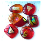6 red fused glass Dichroic decorated cabochons, flat back nuggets, for jewellery