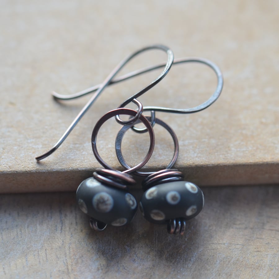 Handmade Copper and Black Polka Dot Lampwork Glass Bead Earrings 