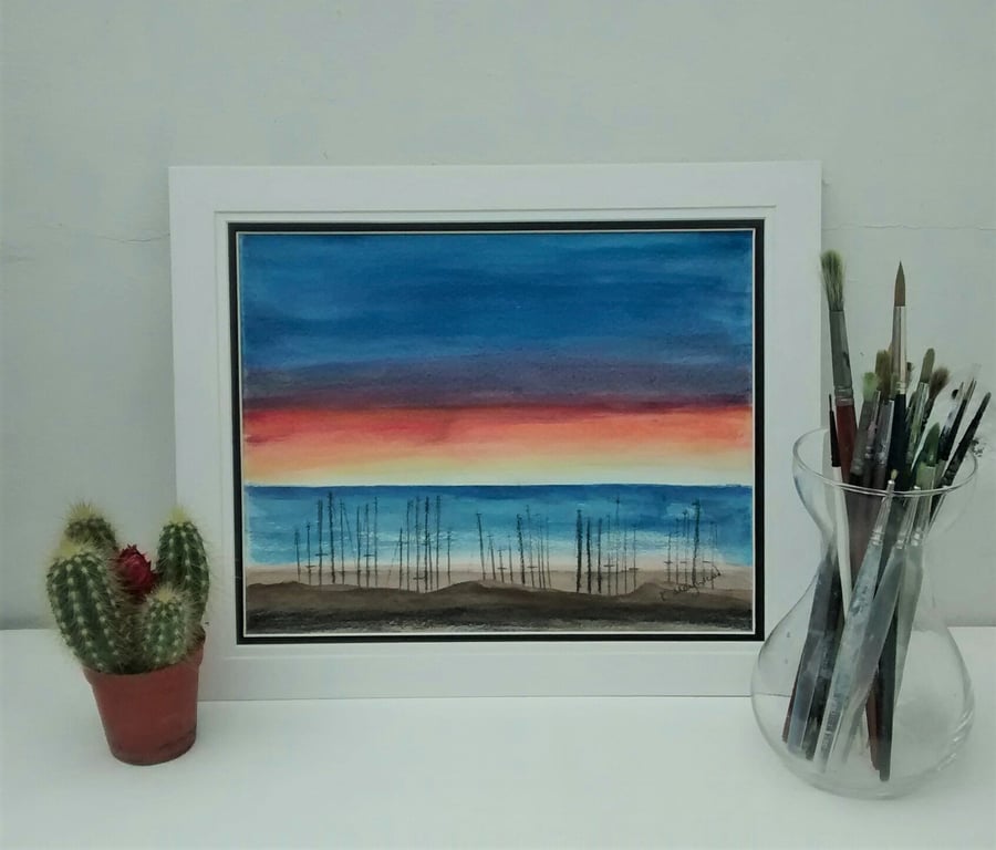 Original Watercolour Seascape Painting, Yachts at Sunset