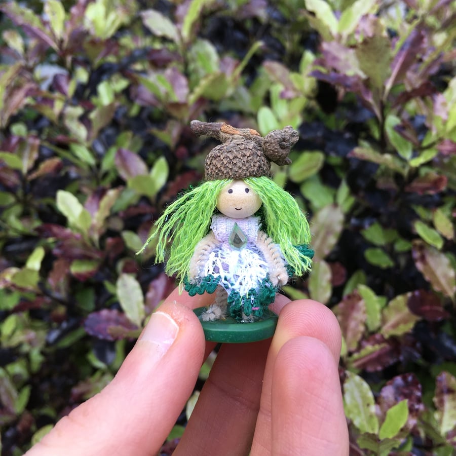 Extra Tiny Button Fairy Decoration With An Acorn Cup Hat - Green