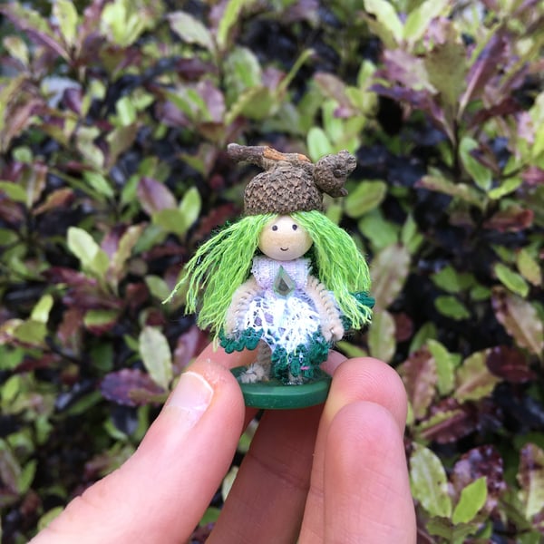 Extra Tiny Button Fairy Decoration With An Acorn Cup Hat - Green