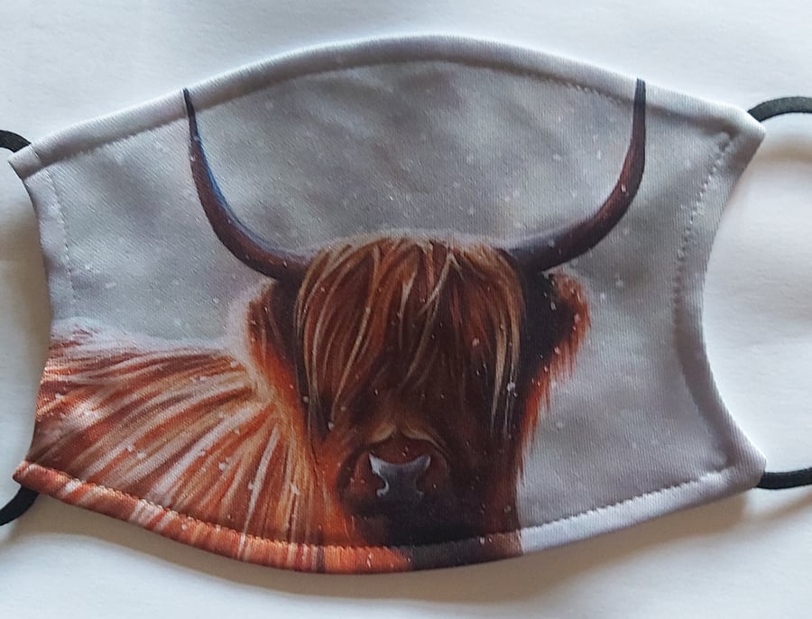 Snowy Highland cow face mask, covering with 2 free carbon filters