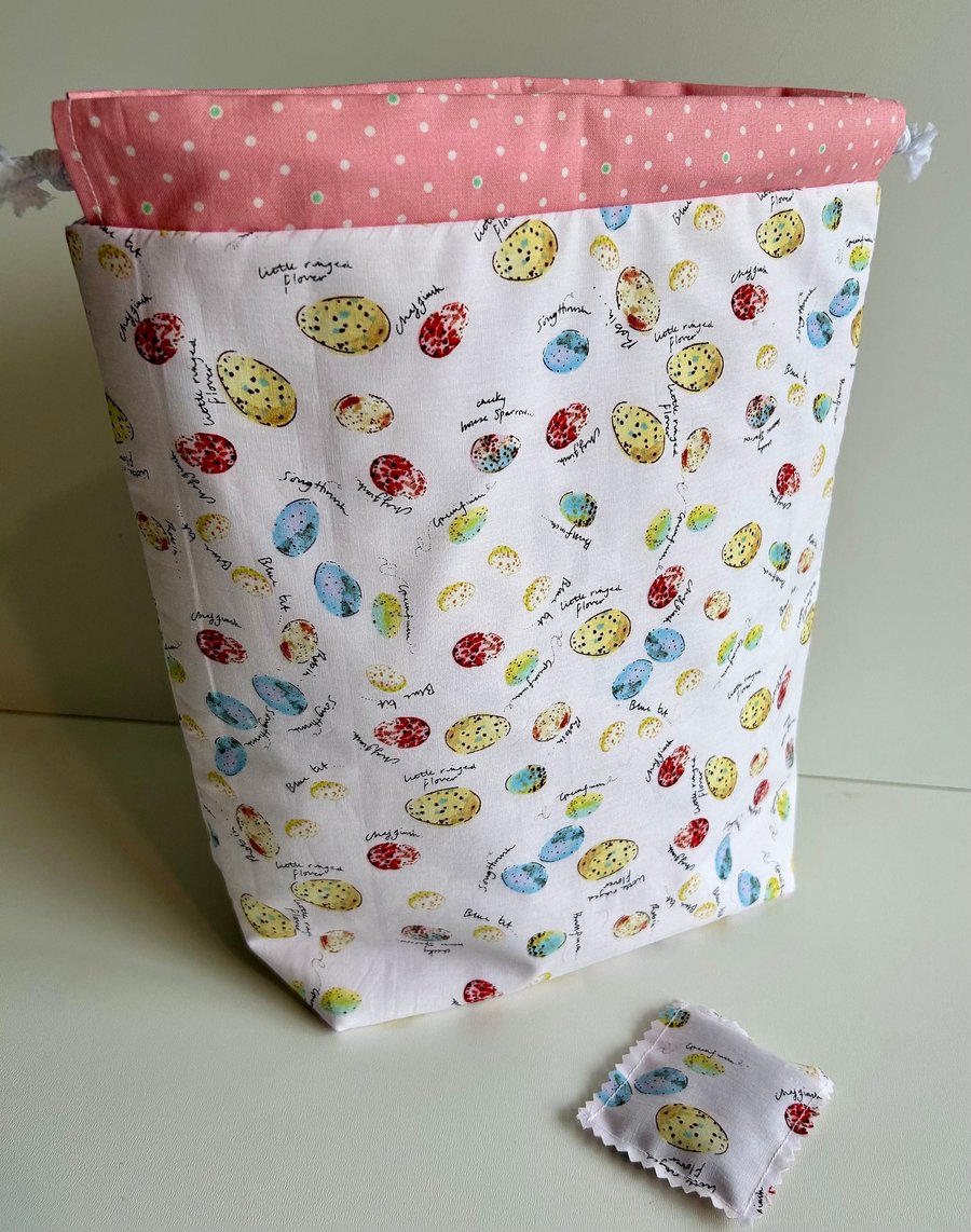 Knitting Project bag, Birds eggs Pink Project Bag, Drawstring Project Bag