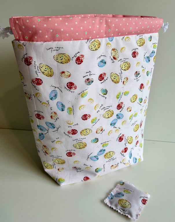 Knitting Project bag, Birds eggs Pink Project Bag, Drawstring Project Bag