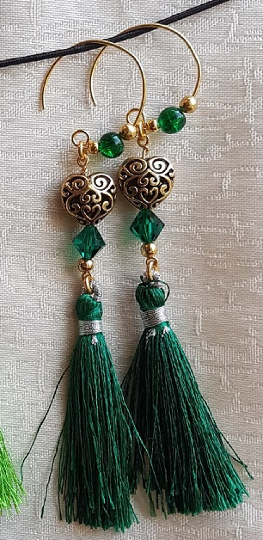 Dark Green Tassel Heart Earrings