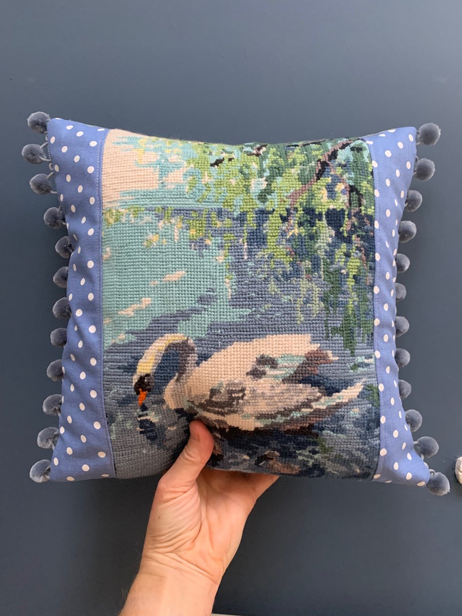 Swan Tapestry cushion cover with pompoms