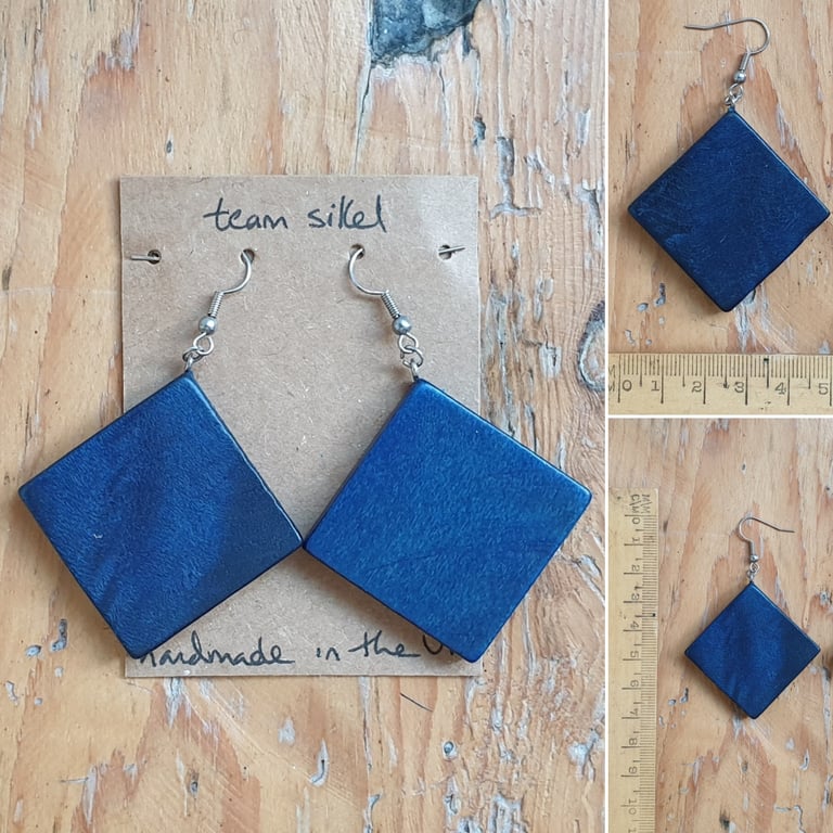Blue Square Tangram Wooden Shape Earrings