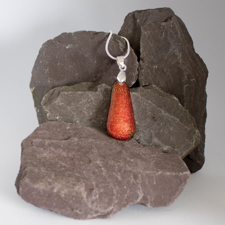 Sleek Triangular Orange Dichroic Glass Pendant Necklace  - 1174