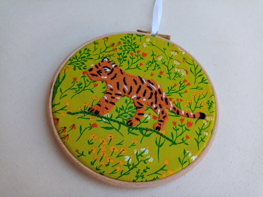 Embroidered picture hoop art - Tiger in the meadow nursery decoration