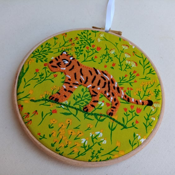 Embroidered picture hoop art - Tiger in the meadow nursery decoration