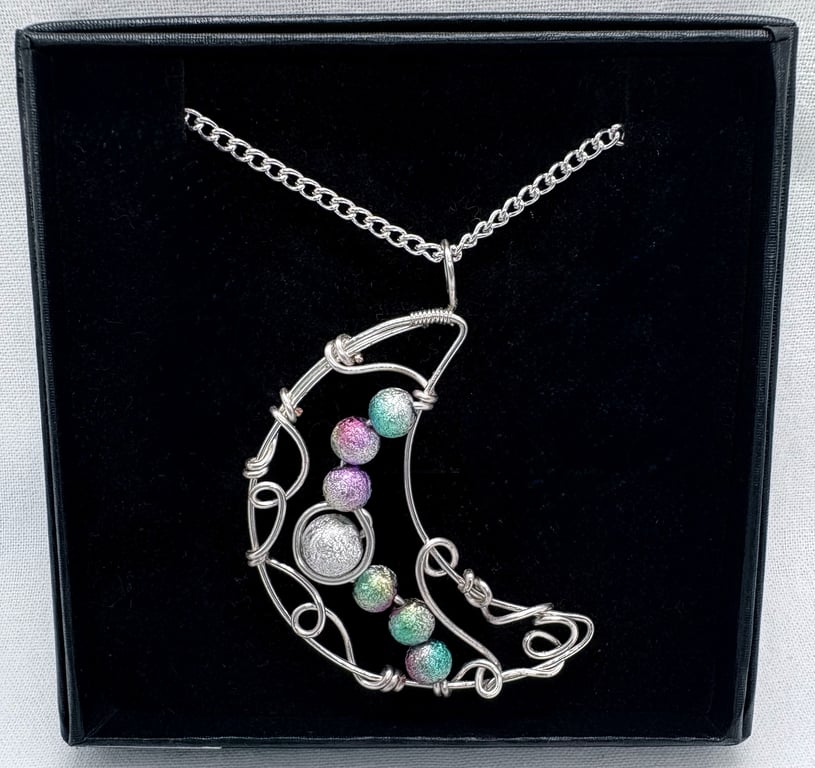 Silver wire wrapped druzy crescent moon