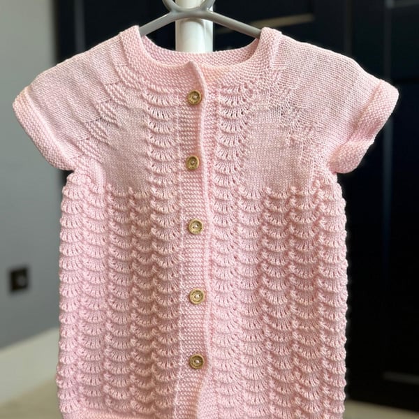 Hand-Knitted Baby Sleeveless Vest Feather Fan Lace – Light Pink (18-24m)