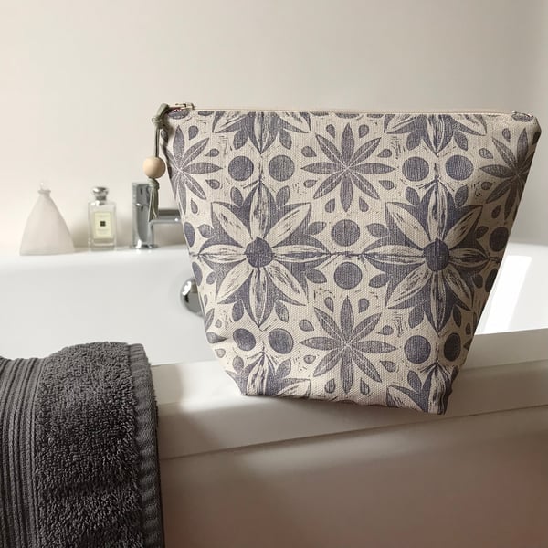 Hand Printed Linen Wash Bag, Toiletry Bag, Accessory Bag