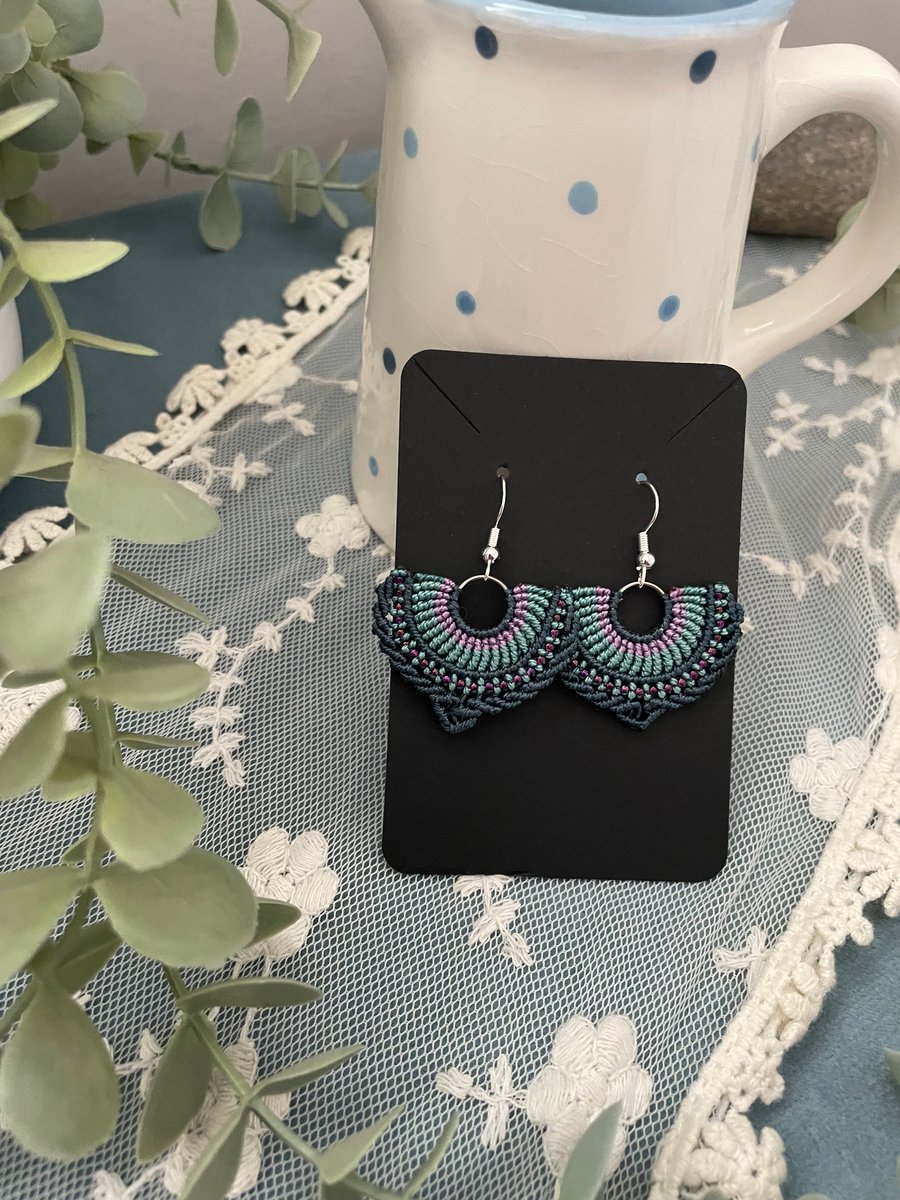 Boho fan shape macrame beaded dangle hoop earrings, boho chic, festival vibe 