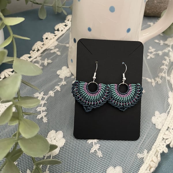 Boho fan shape macrame beaded dangle hoop earrings, boho chic, festival vibe 