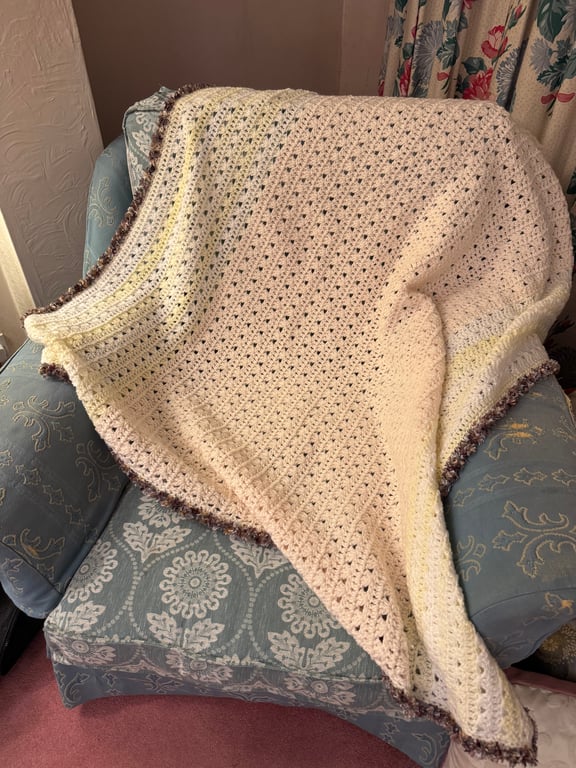 Handmade Crochet Throw - Cream, Lemon & Apricot with Chocolate Edging