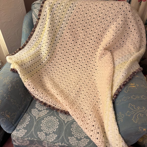 Handmade Crochet Throw - Cream, Lemon & Apricot with Chocolate Edging