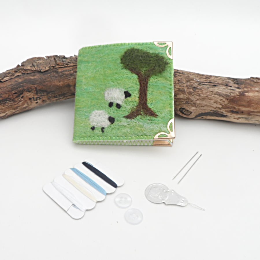 Green felt needle case, sewing kit, mending kit - sheep