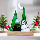 Stained glass art 3D diorama ornament winter moon and snowman