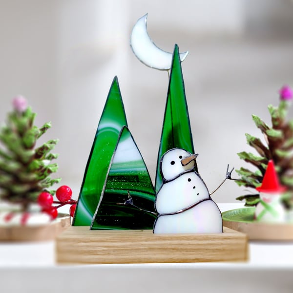 Stained glass art 3D diorama ornament winter moon and snowman