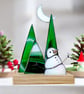 Stained glass art 3D diorama ornament winter moon and snowman