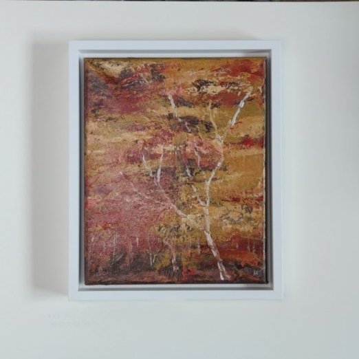 Autumn Birches, woodland seasonal colours, small framed original painting